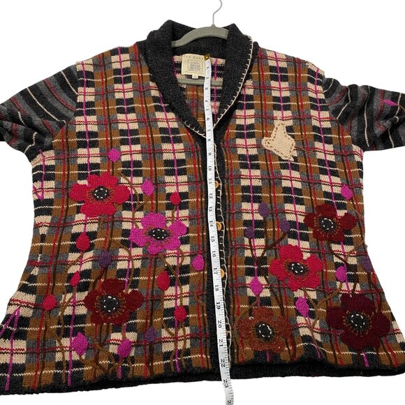 Nan Hadden Woolies Handknits embroidery Floral Plaid Cardigan Sweater W/chick L - Picture 8 of 9